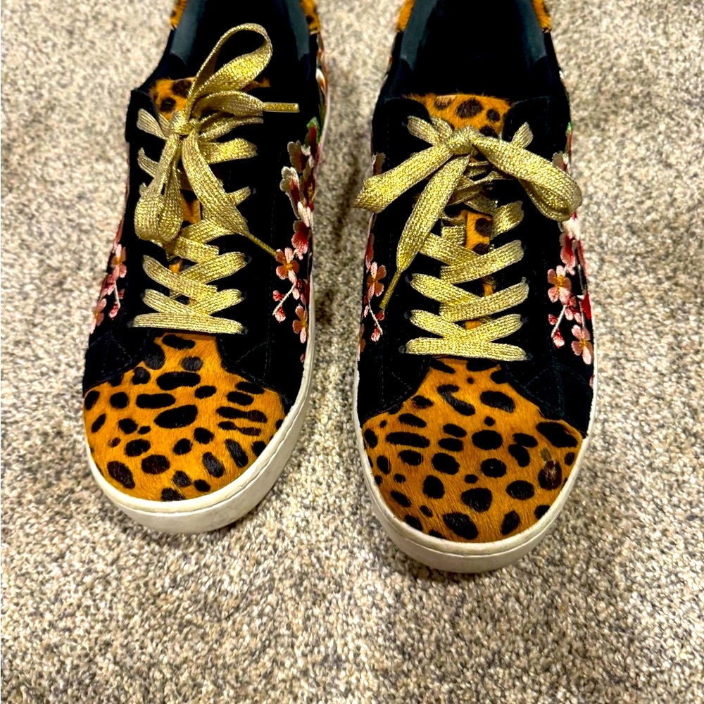 Johnny Was Leopard Print Flower Embroidered Women's Sneakers with Gold Accents